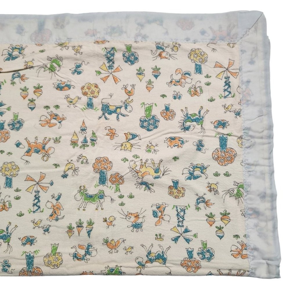 Vintage Cartoon Animal Print Satin Trim Crib Baby Blanket 31” X 44”